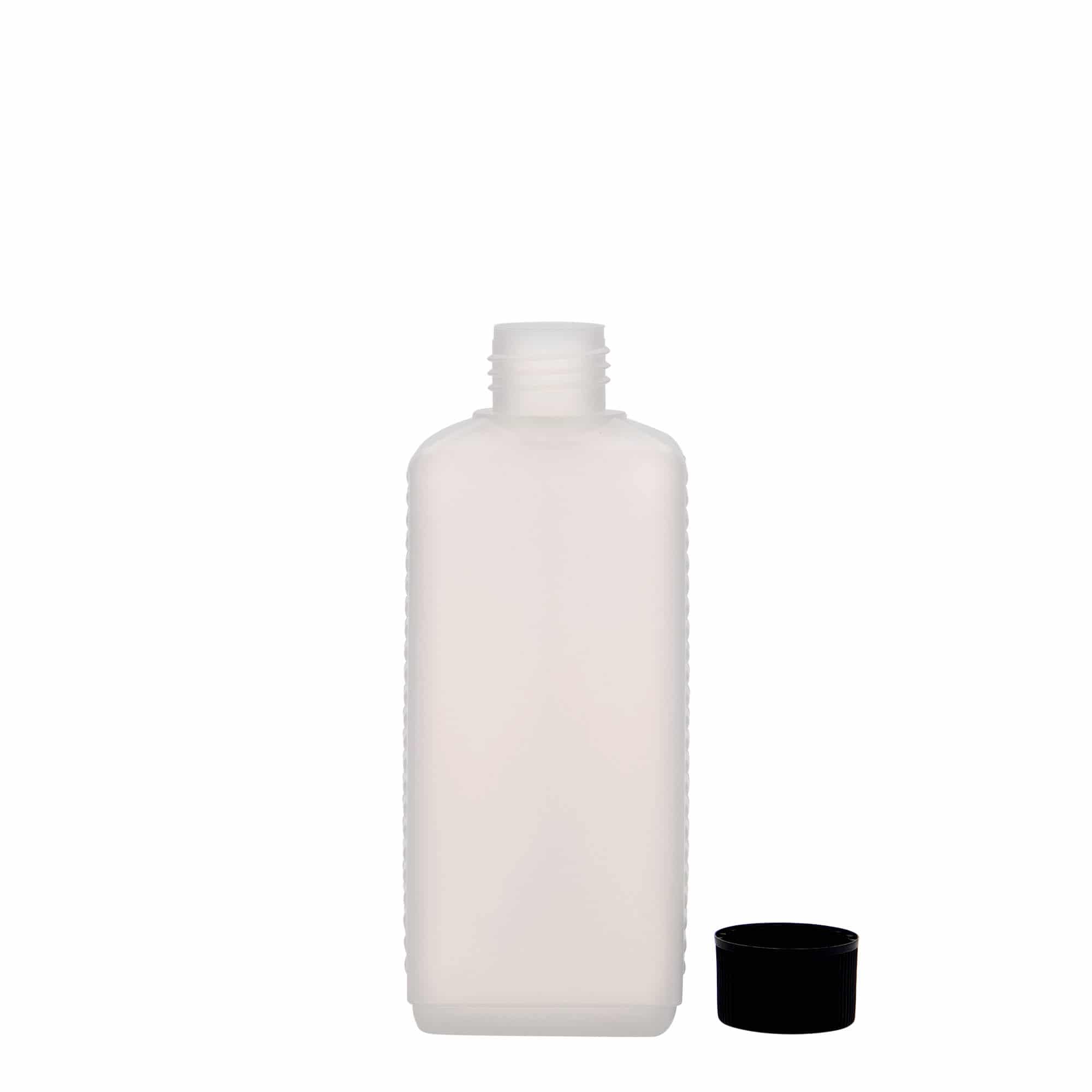 Botella bidón de 250 ml, rectangular, plástico de HDPE, natural, boca: DIN 25 EPE