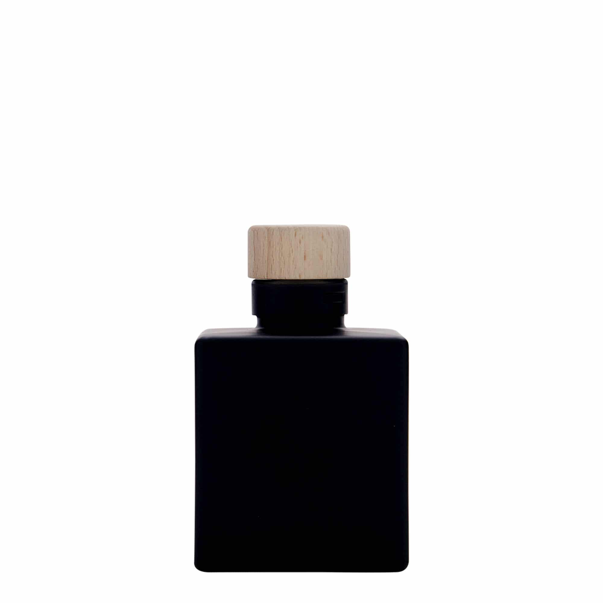 Botella de vidrio 'Cube' de 100 ml, cuadrada, negro, boca: corcho