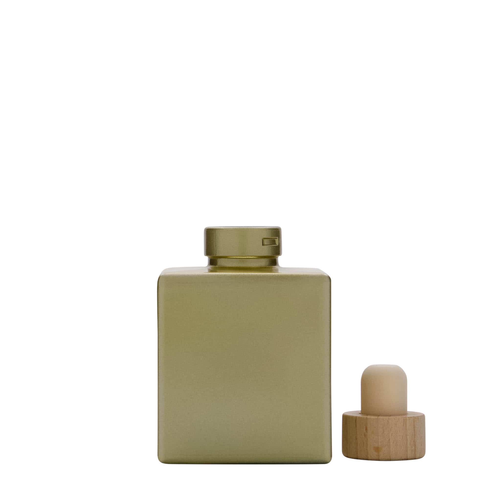 Botella de vidrio 'Cube' de 100 ml, cuadrada, dorado, boca: corcho
