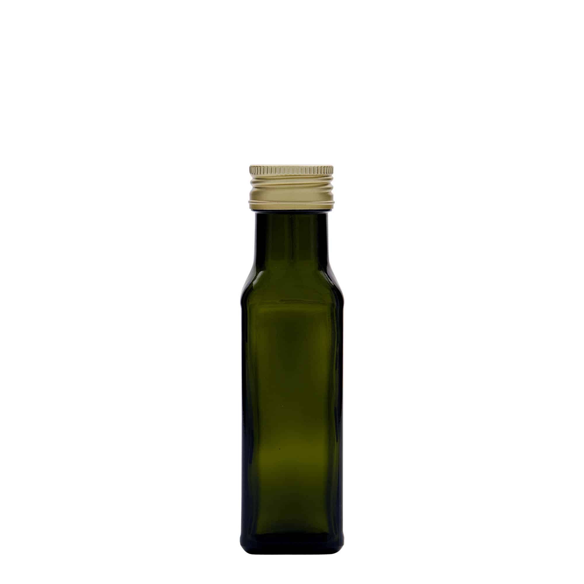 Botella de vidrio 'Marasca' de 100 ml, cuadrada, verde antiguo, boca: PP 31,5