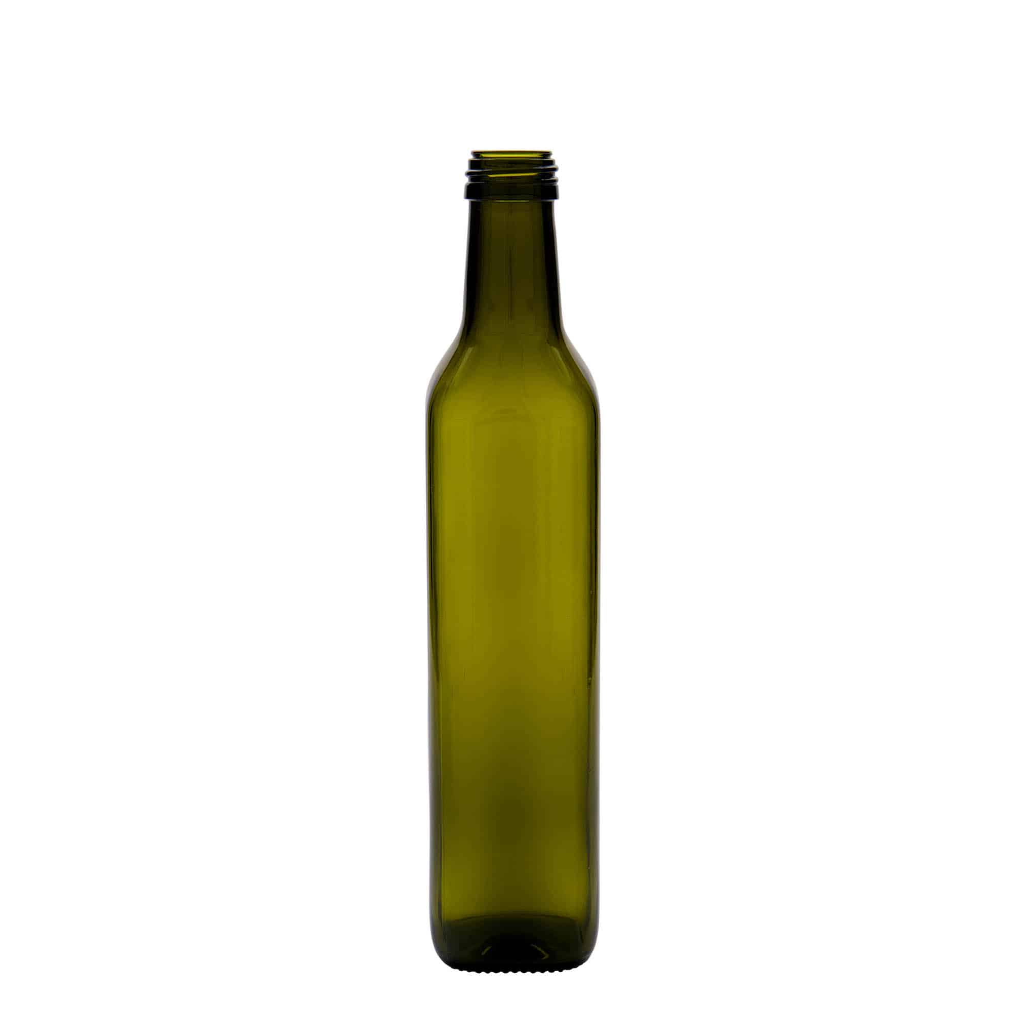 Botella de vidrio 'Marasca' de 500 ml, cuadrada, verde antiguo, boca: PP 31,5