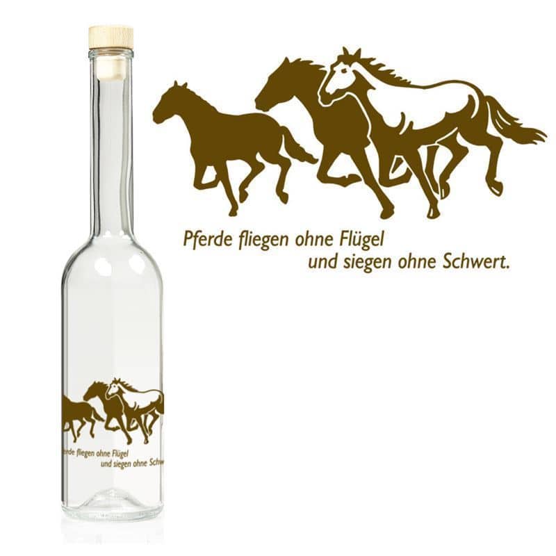Botella de vidrio 'Opera' de 500 ml, motivo: caballo, boca: corcho