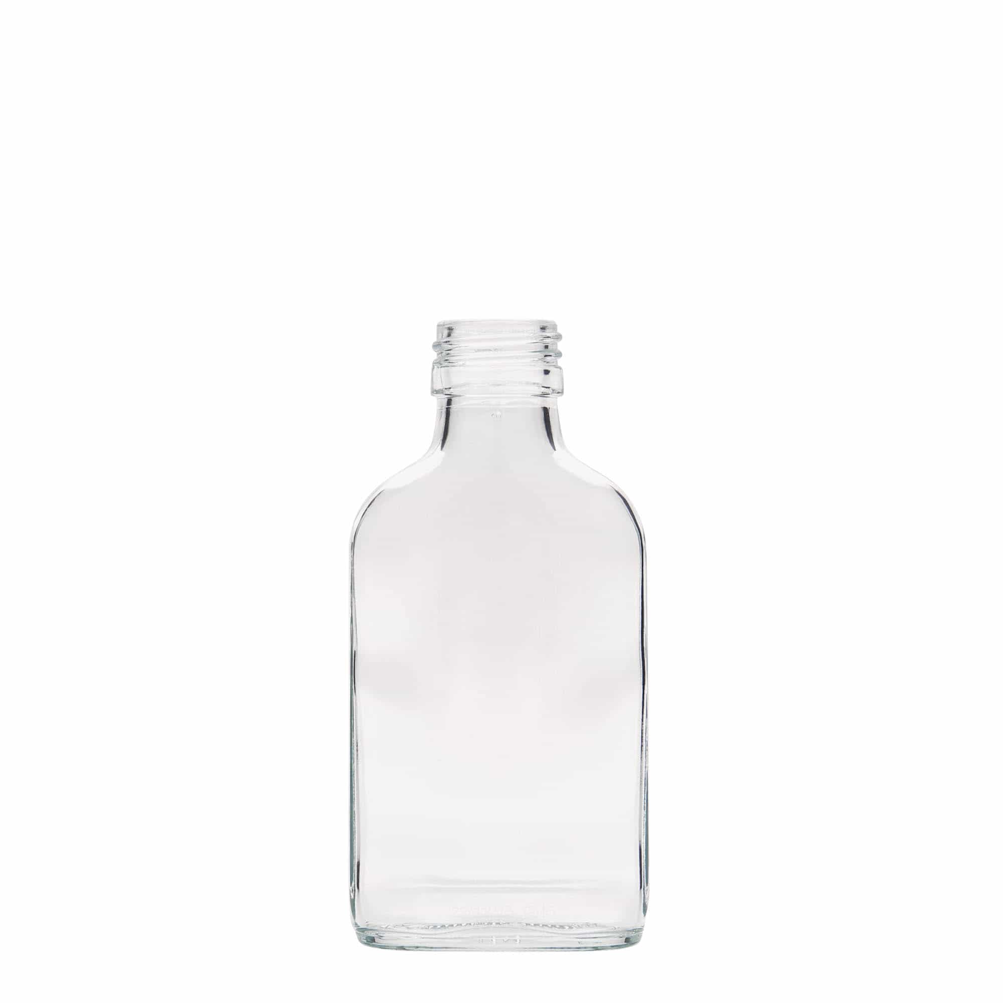 Botella de bolsillo de 100 ml, rectangular, vidrio, boca: PP 28