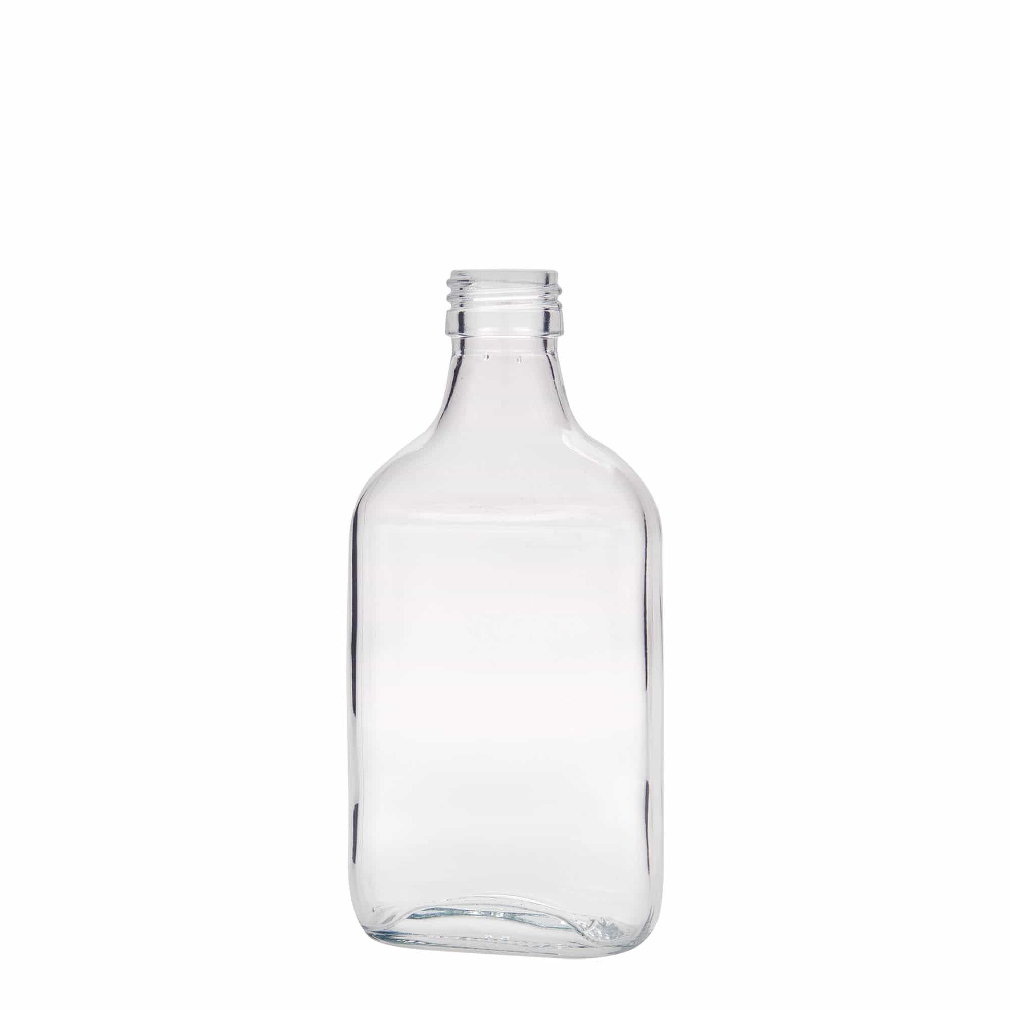 Botella de bolsillo de 200 ml, rectangular, vidrio, boca: PP 28