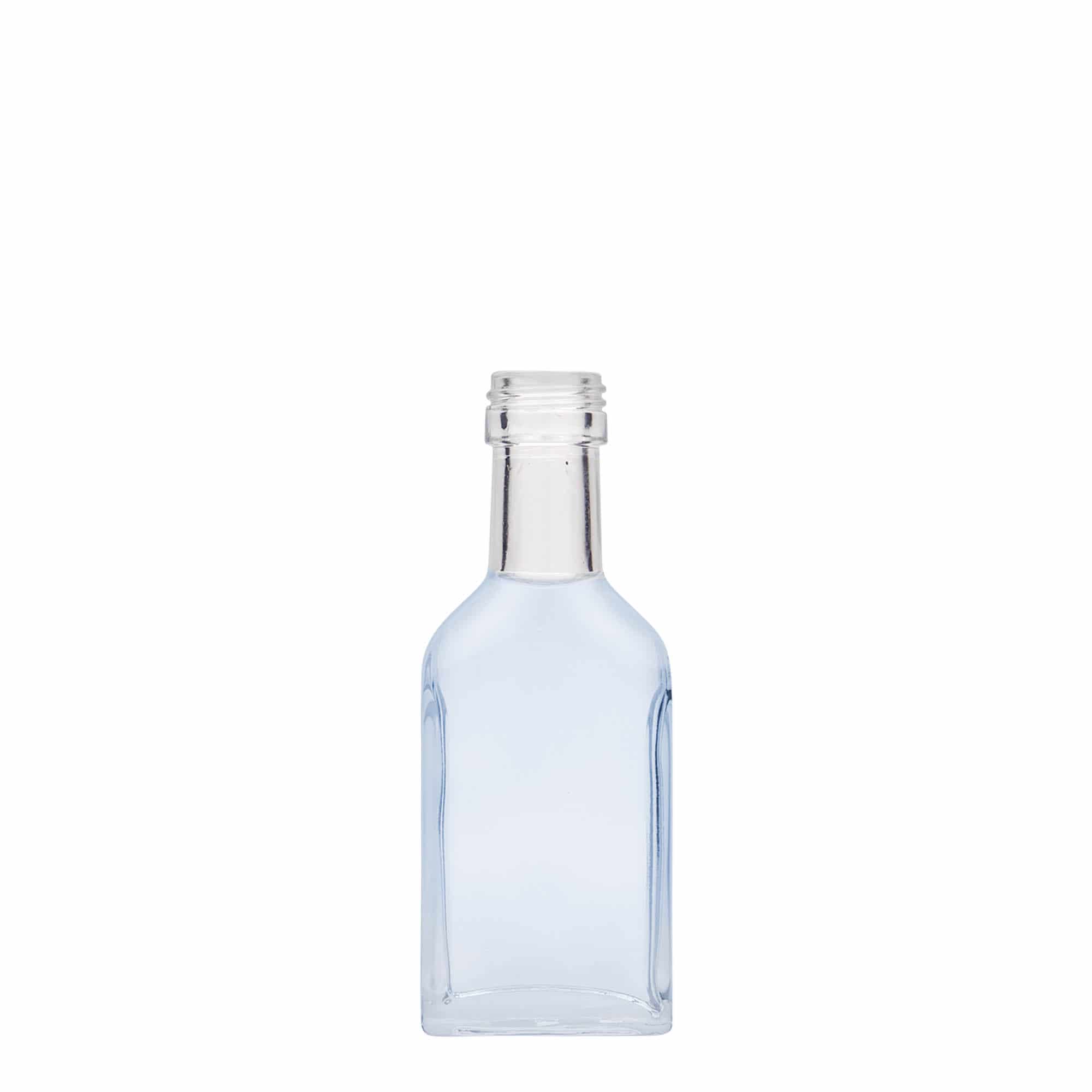 Botella de bolsillo de cuello largo de 40 ml, rectangular, vidrio, boca: PP 22