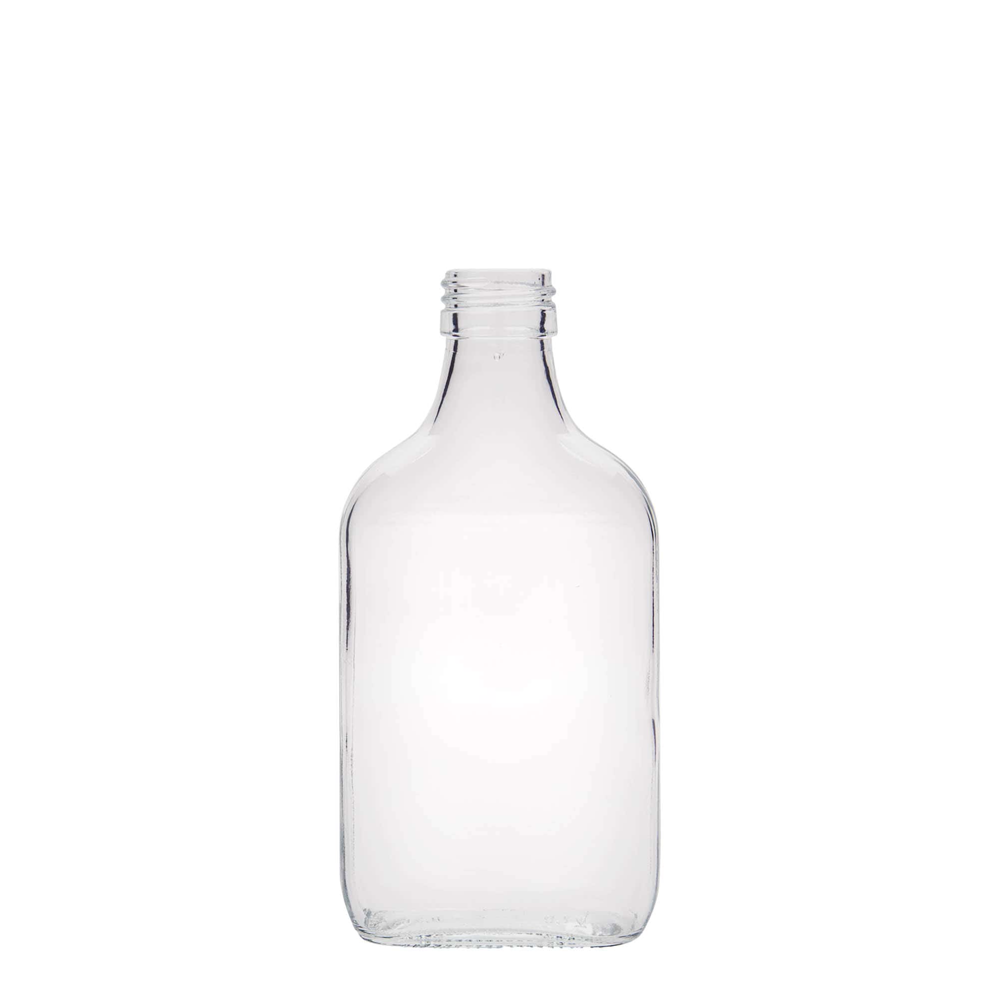 Botella de bolsillo de 200 ml, rectangular, vidrio, boca: PP 28