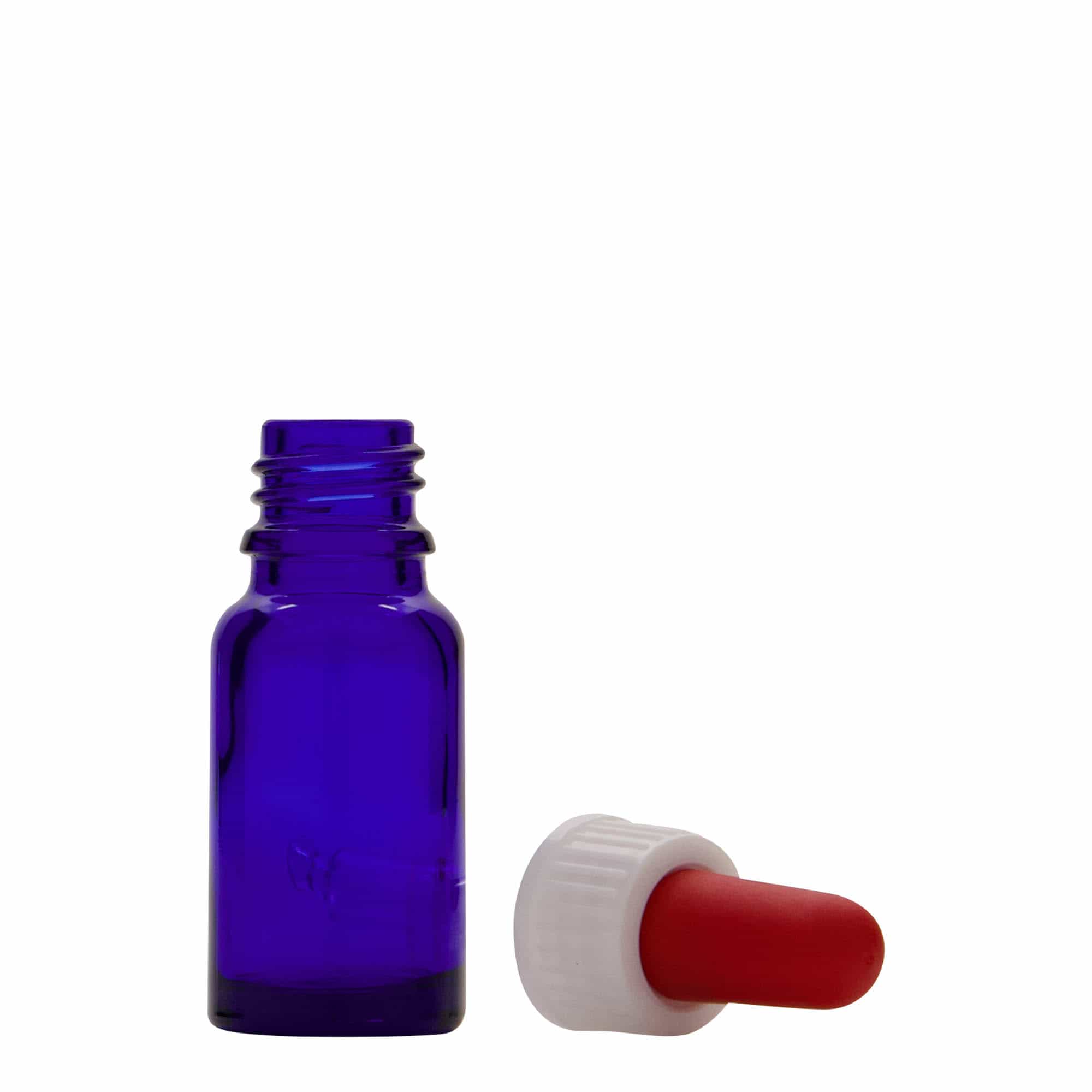 Frasco cuentagotas de medicamentos de 10 ml, vidrio, azul real-rojo, boca: DIN 18
