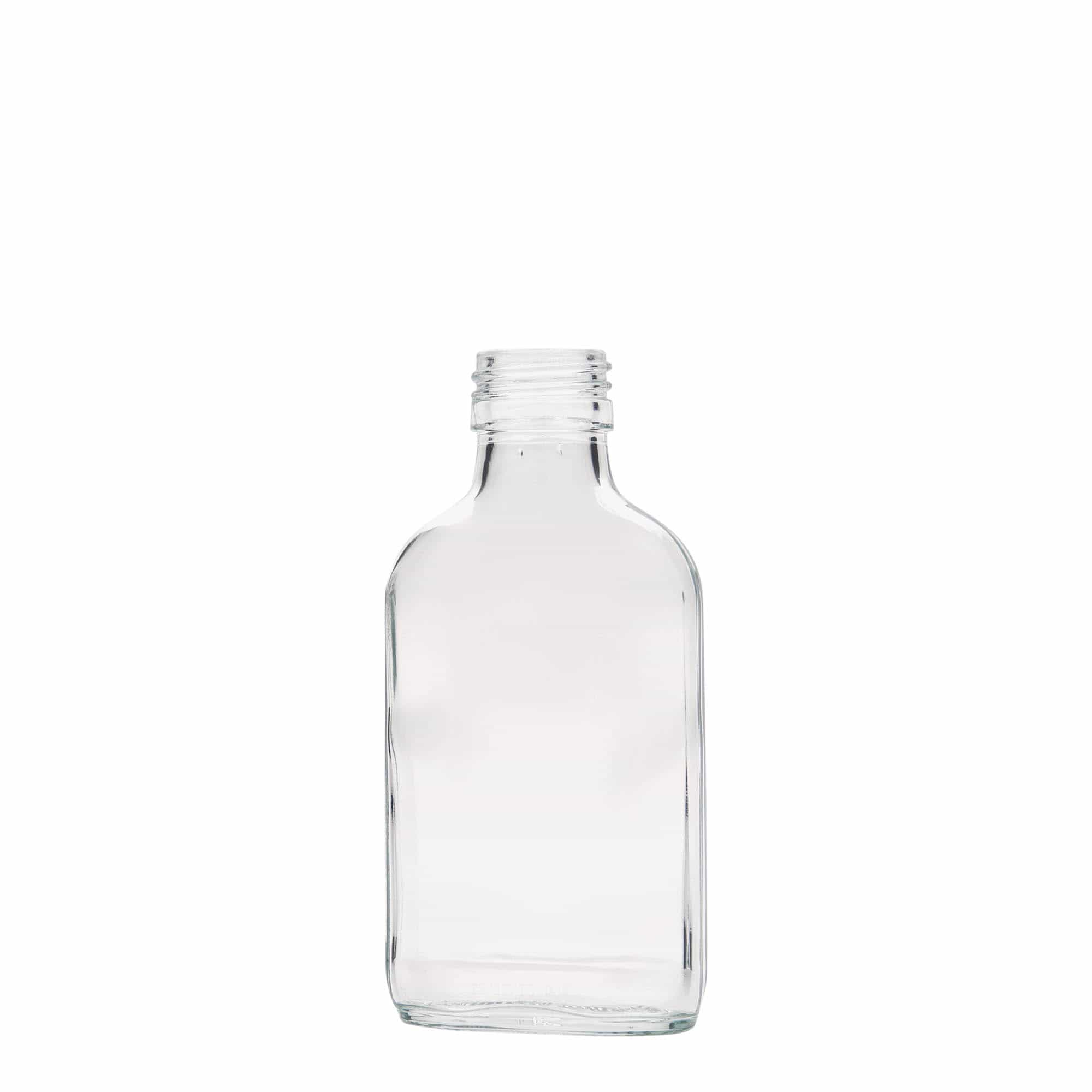 Botella de bolsillo de 100 ml, rectangular, vidrio, boca: PP 28