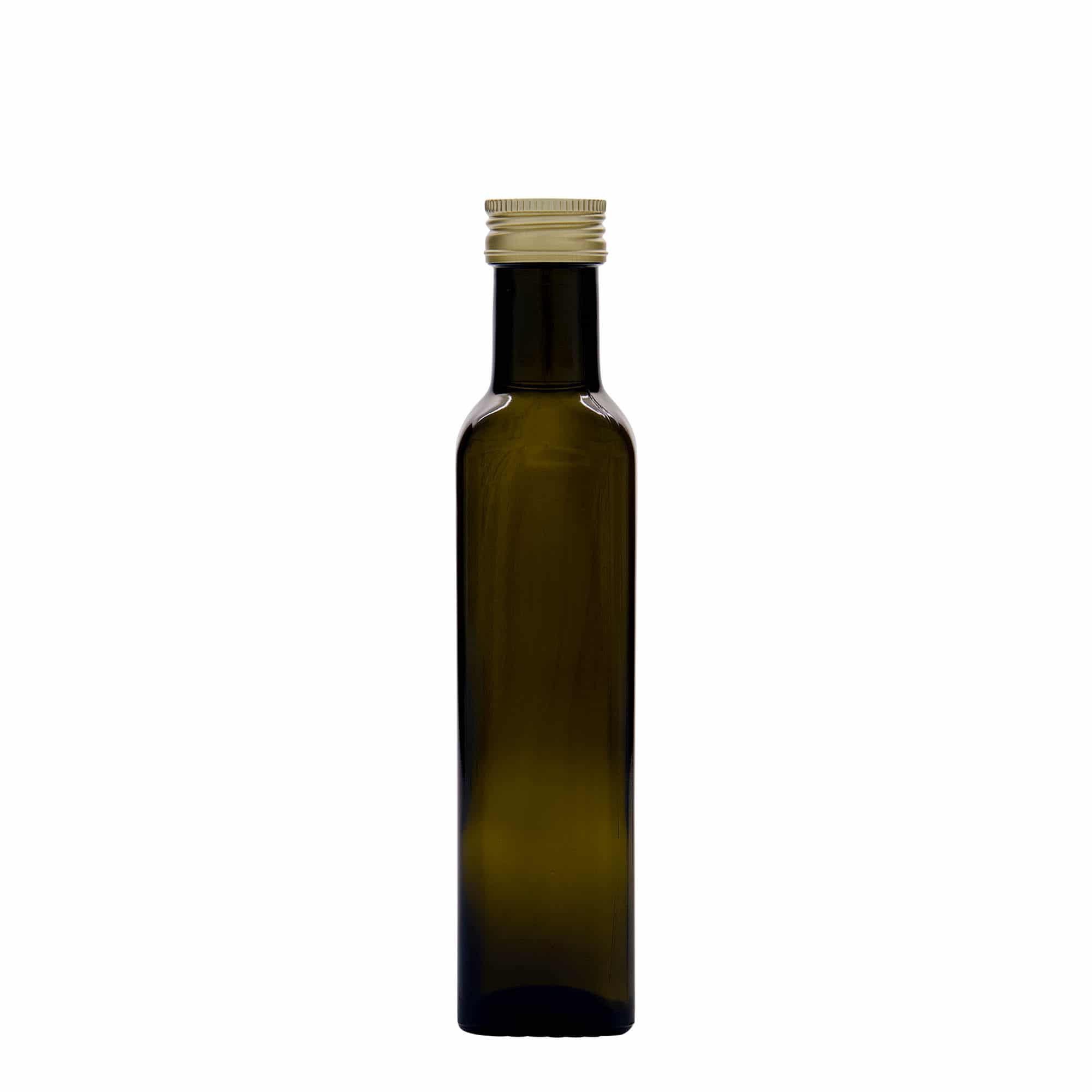 Botella de vidrio 'Marasca' de 250 ml, cuadrada, verde antiguo, boca: PP 31,5