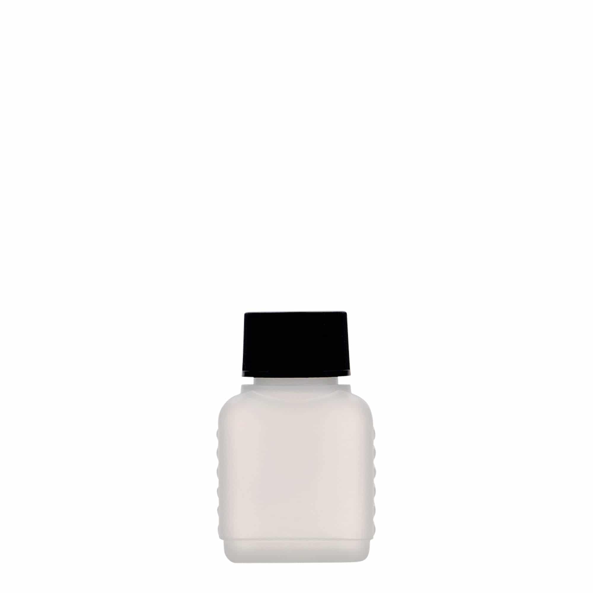 Botella bidón de 50 ml, rectangular, plástico de HDPE, natural, boca: DIN 25