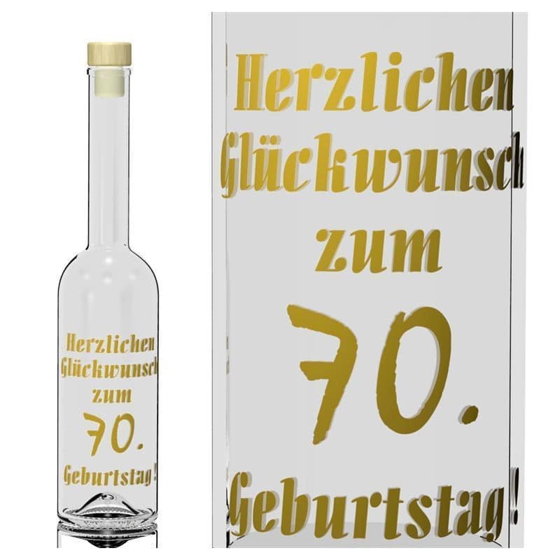 Botella de vidrio 'Opera' de 500 ml, motivo: 70 años, boca: corcho