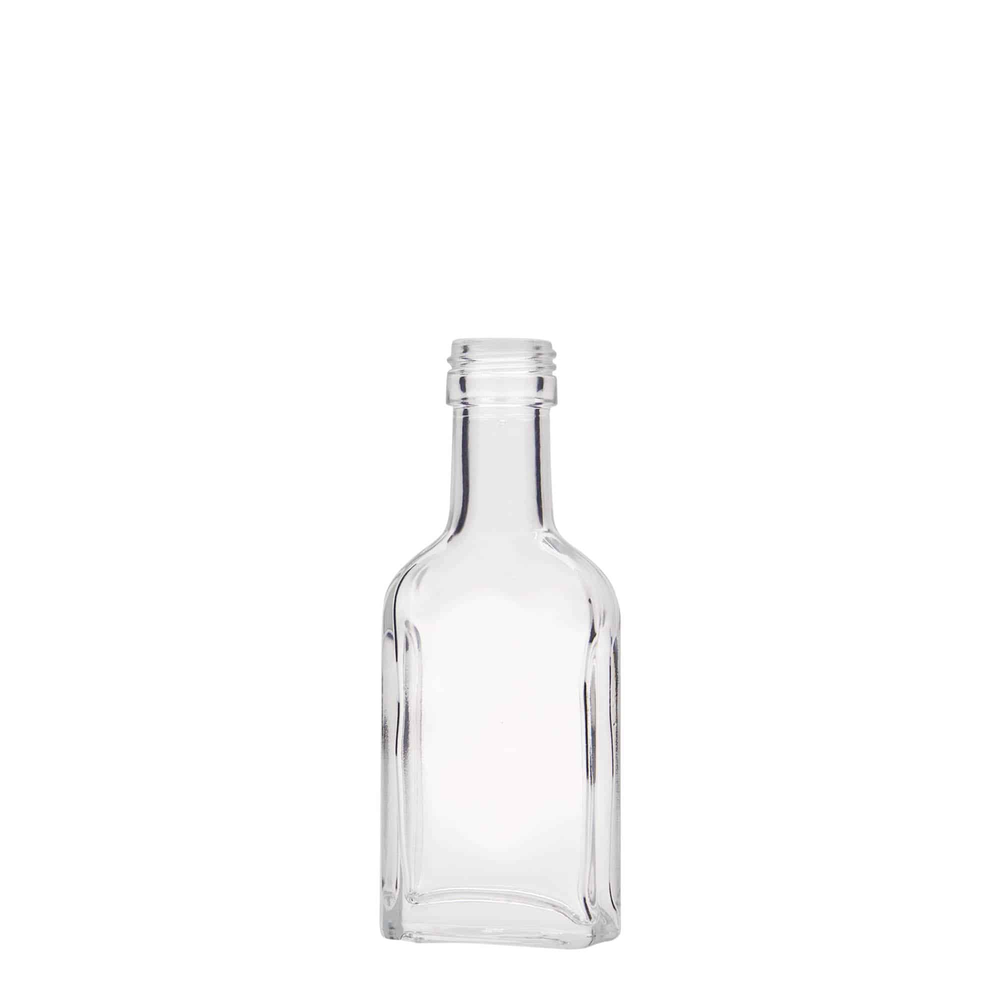 Botella de bolsillo de cuello largo de 40 ml, rectangular, vidrio, boca: PP 22