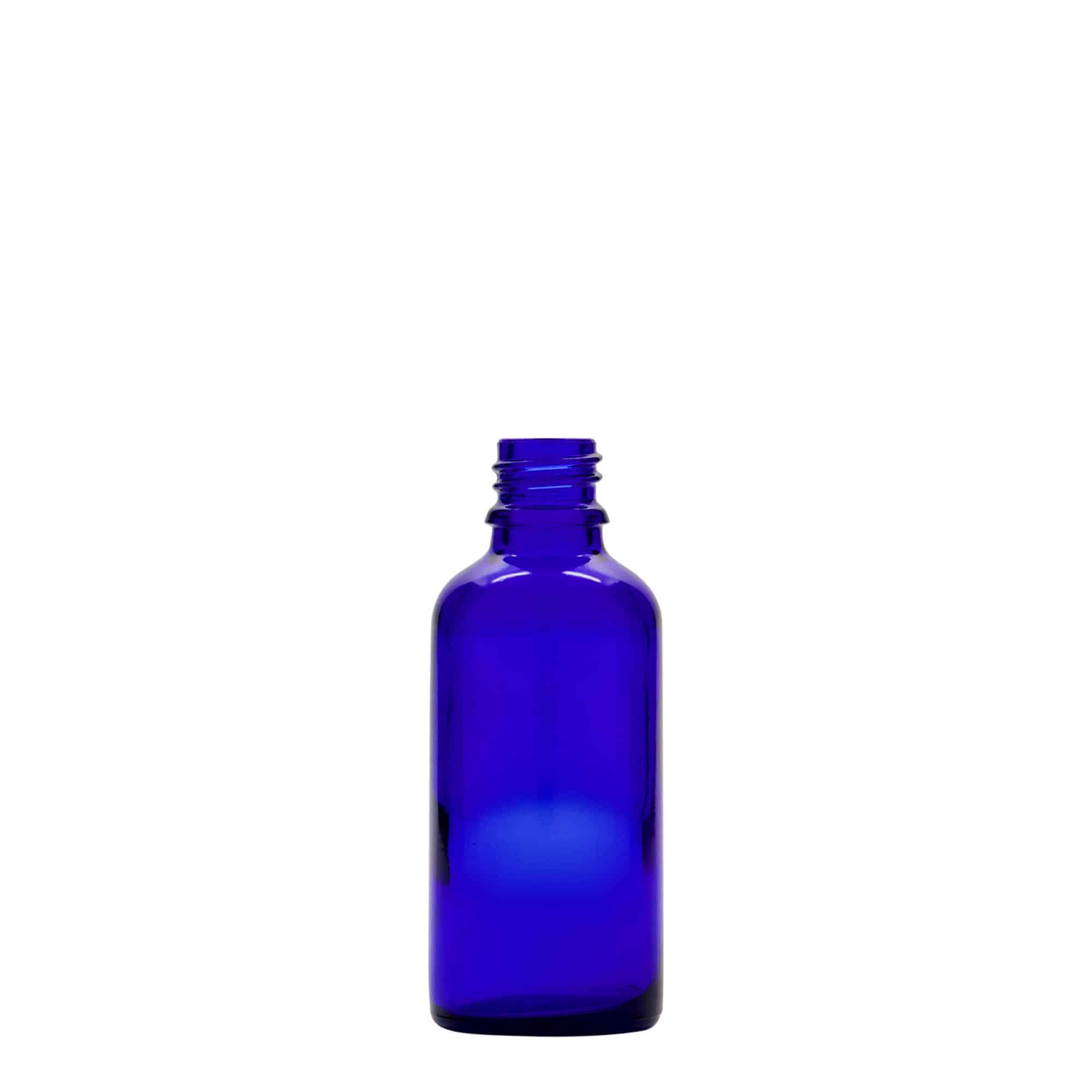 Frasco cuentagotas de medicamentos de 50 ml, vidrio, azul real-rojo, boca: DIN 18