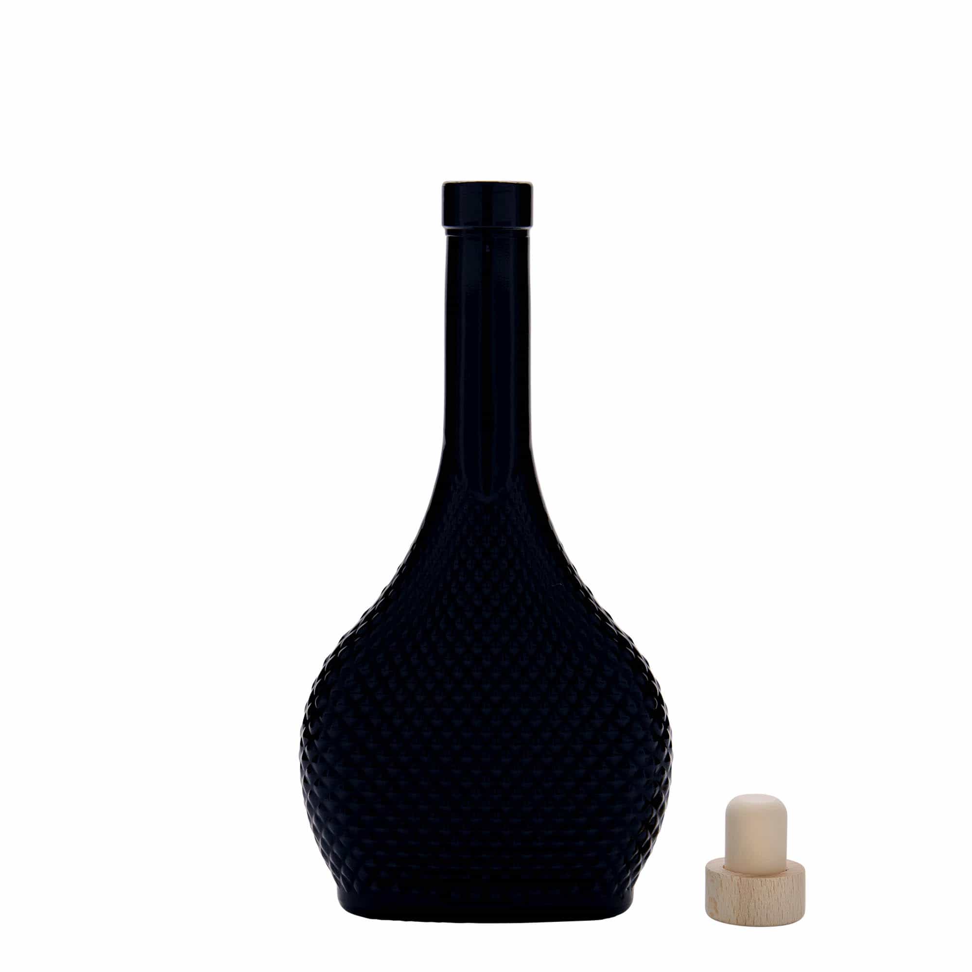 Botella de vidrio 'Contessa Diamante' de 200 ml, ovalada, negro, boca: corcho