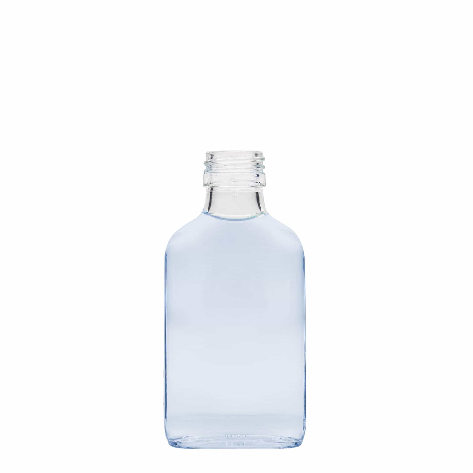 Botella de bolsillo de 100 ml, rectangular, vidrio, boca: PP 28