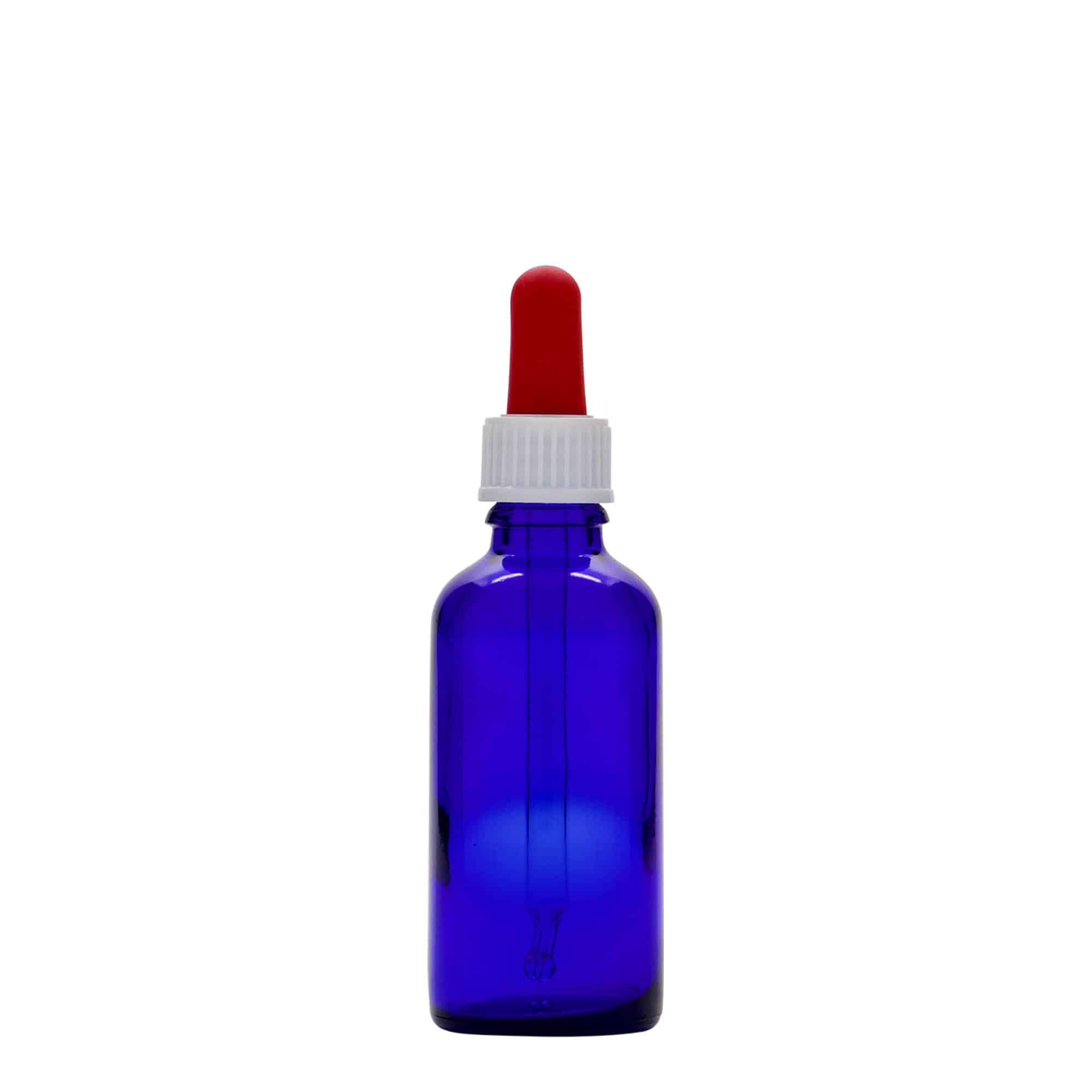 Frasco cuentagotas de medicamentos de 50 ml, vidrio, azul real-rojo, boca: DIN 18